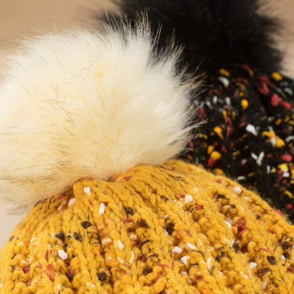 🆕 Mustard & Multicolor Confetti Knit Beanie w/ Faux Fur Pom-Pom 🆕 - Picture 6 of 7